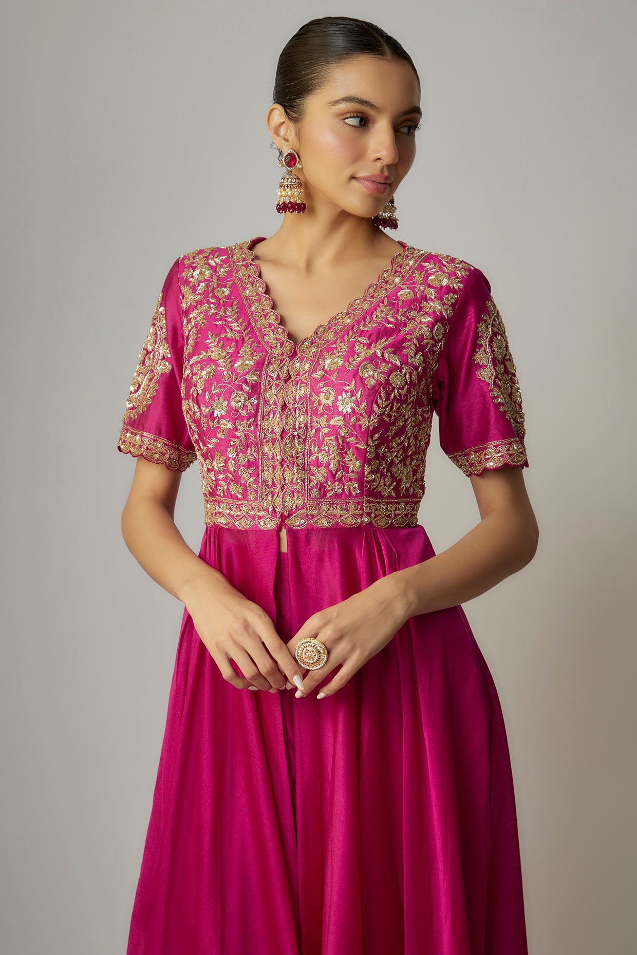 Rani pink crepe silk hand embroidered tunic set
