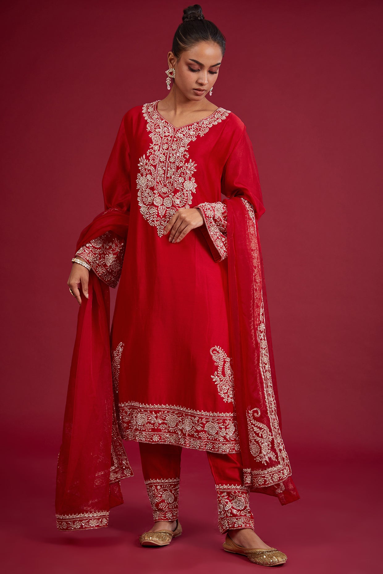 red chanderi sequins embroidered kurta set