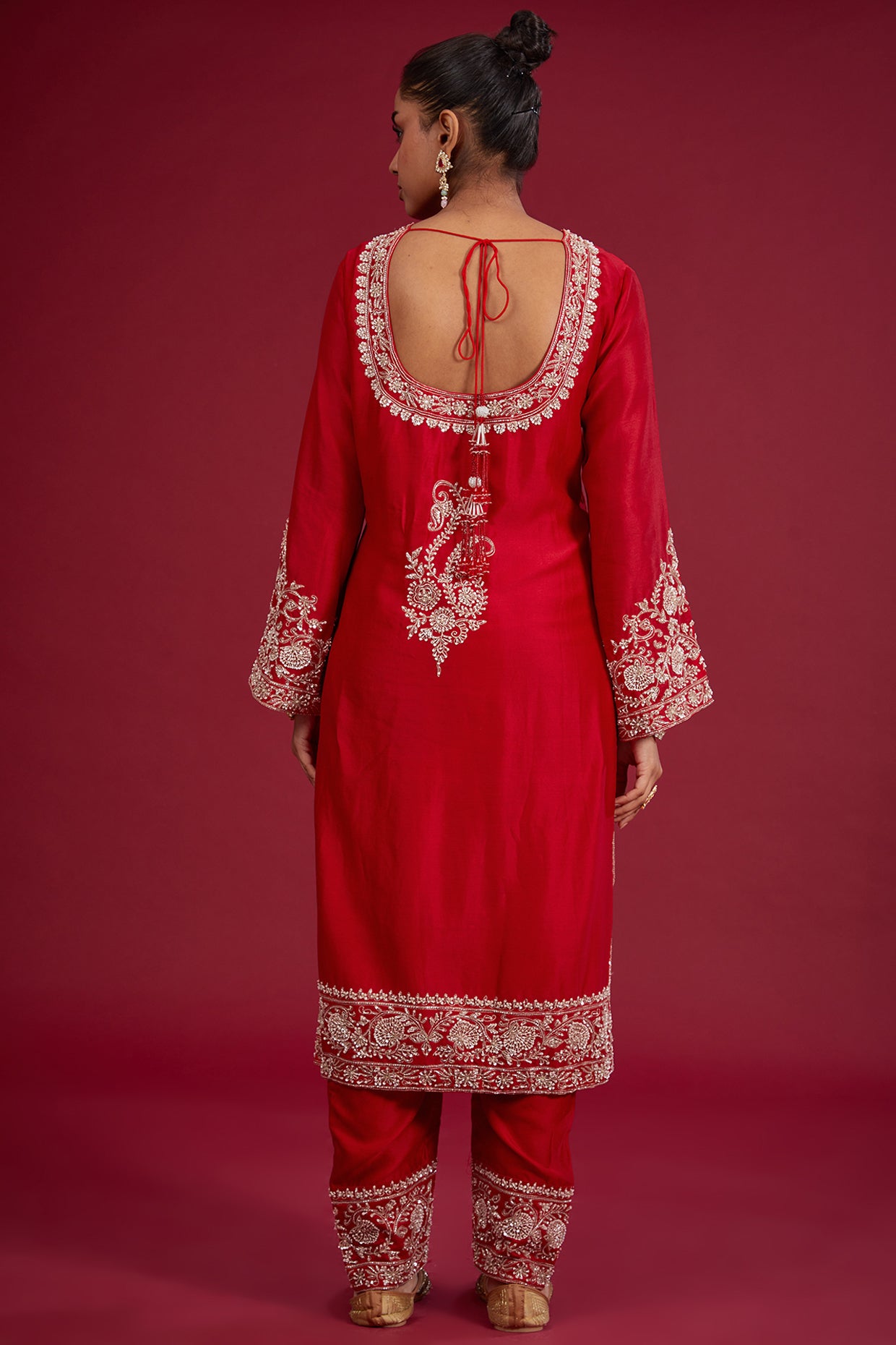 red chanderi sequins embroidered kurta set