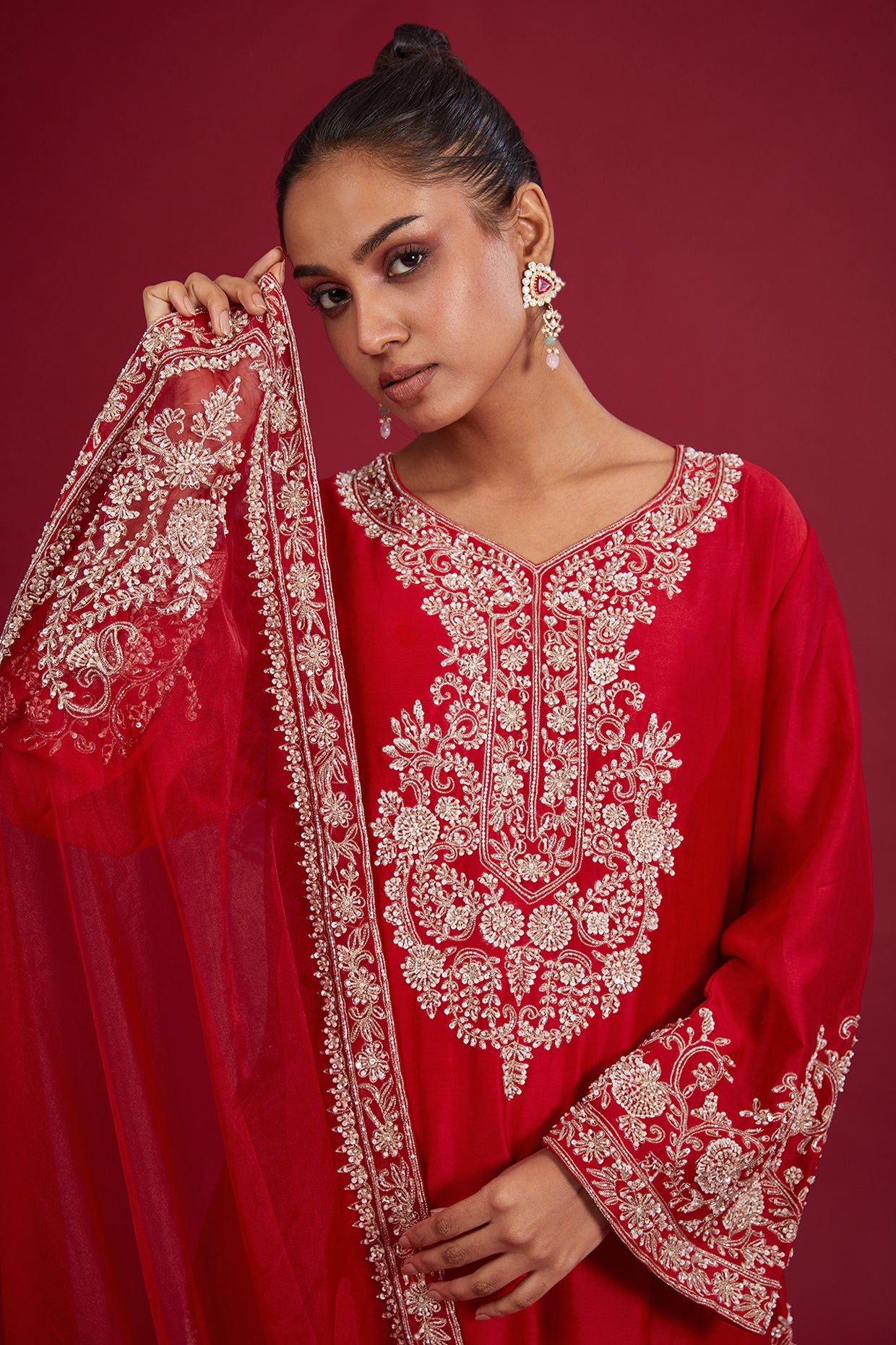 red chanderi sequins embroidered kurta set