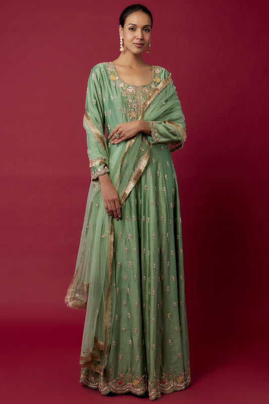 green chanderi hand & machine embroidered anarkali set