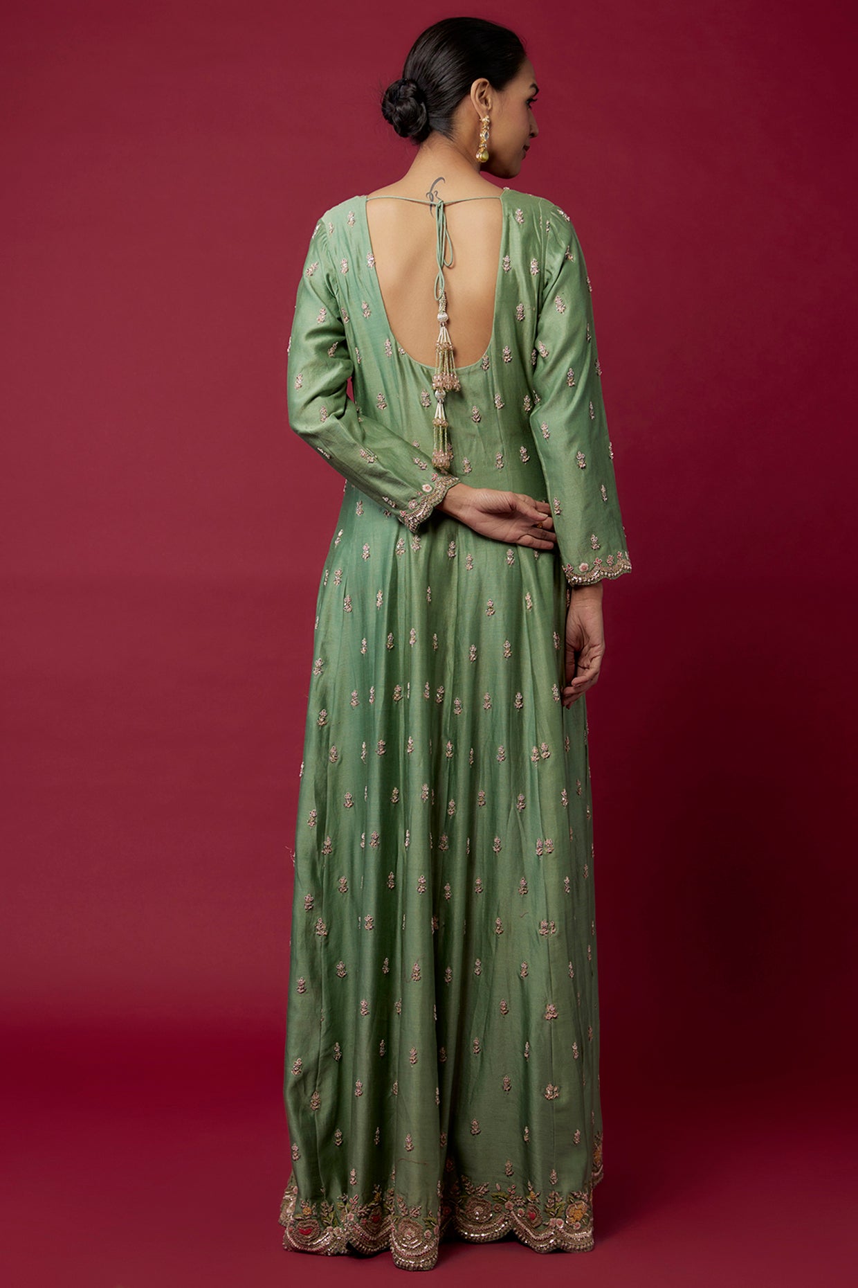 green chanderi hand & machine embroidered anarkali set