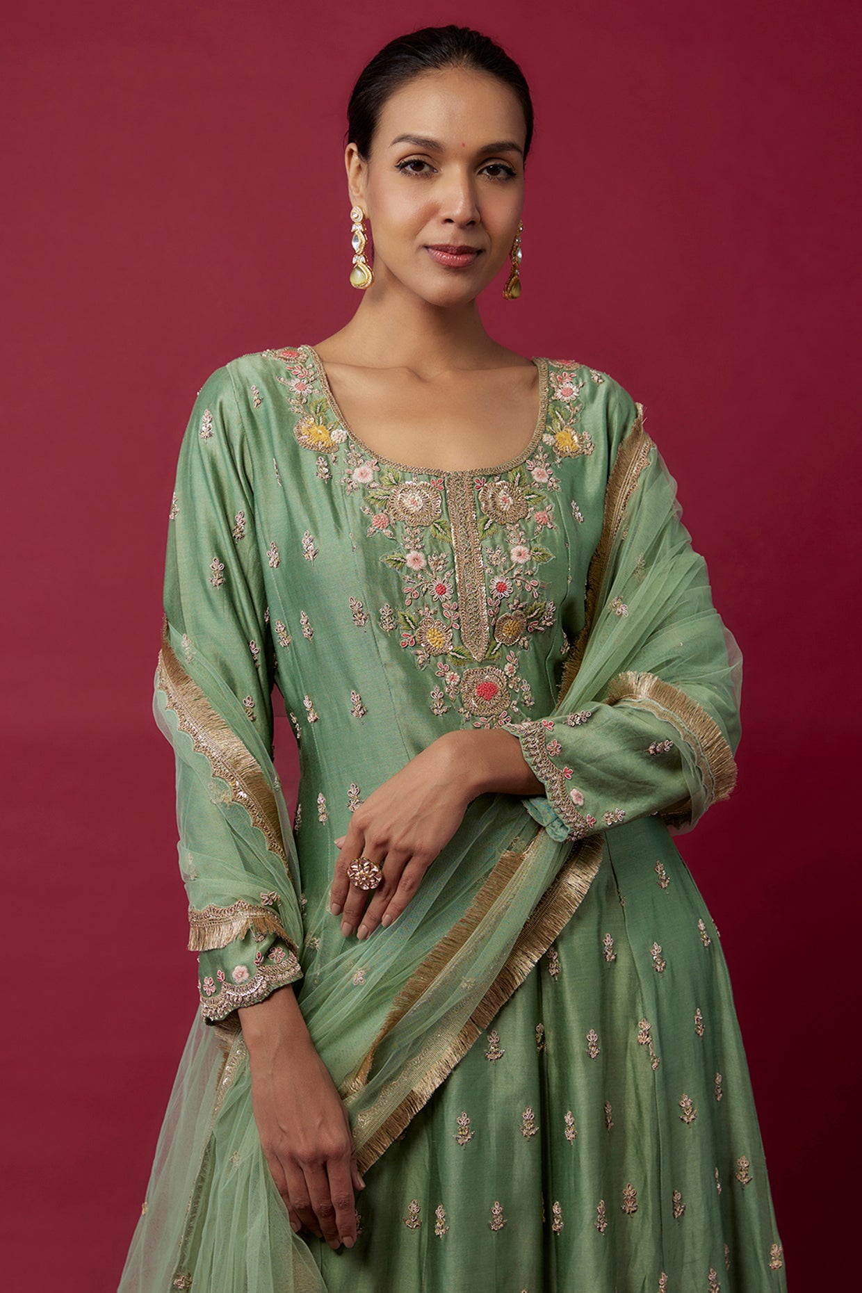 green chanderi hand & machine embroidered anarkali set