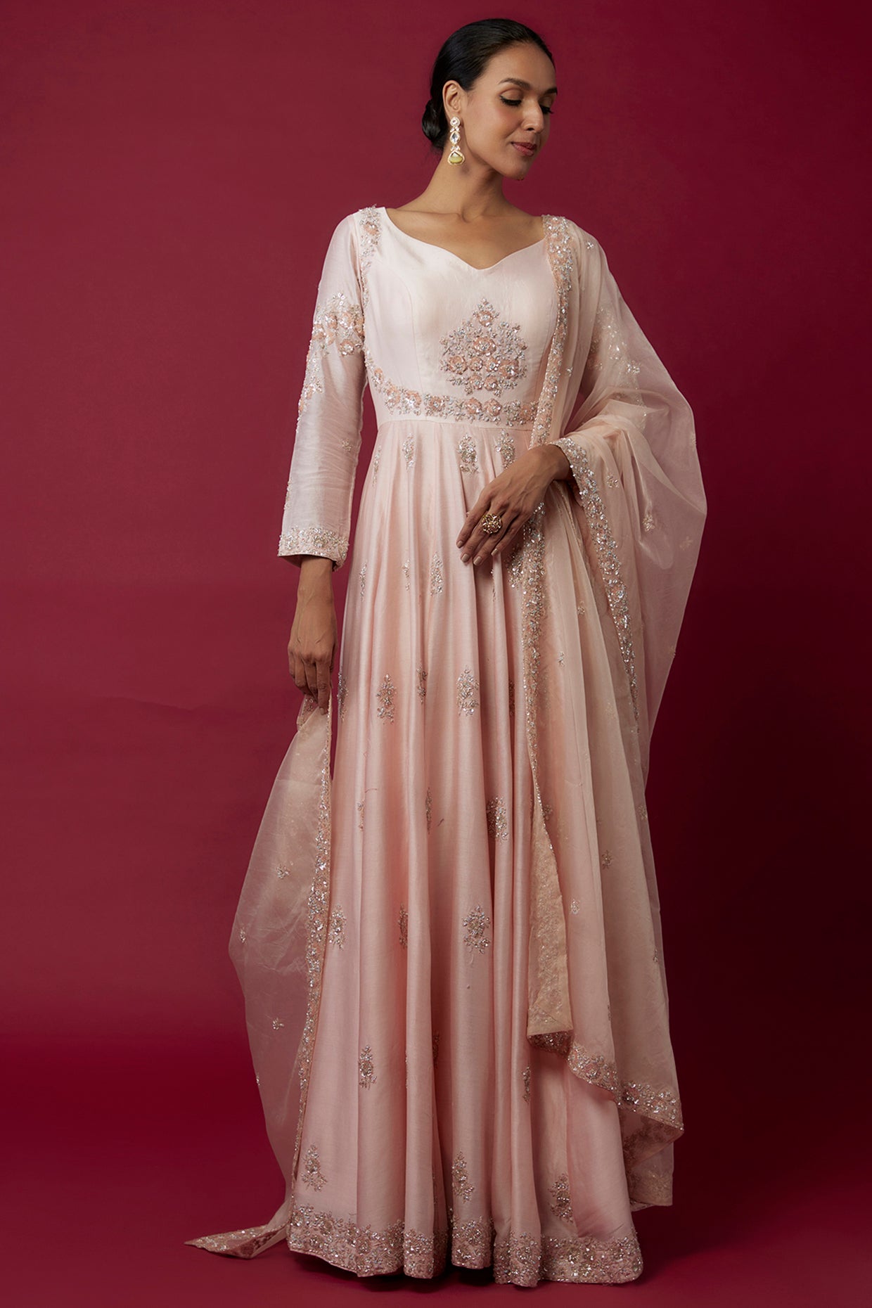 pink chanderi hand & machine embroidered anarkali set