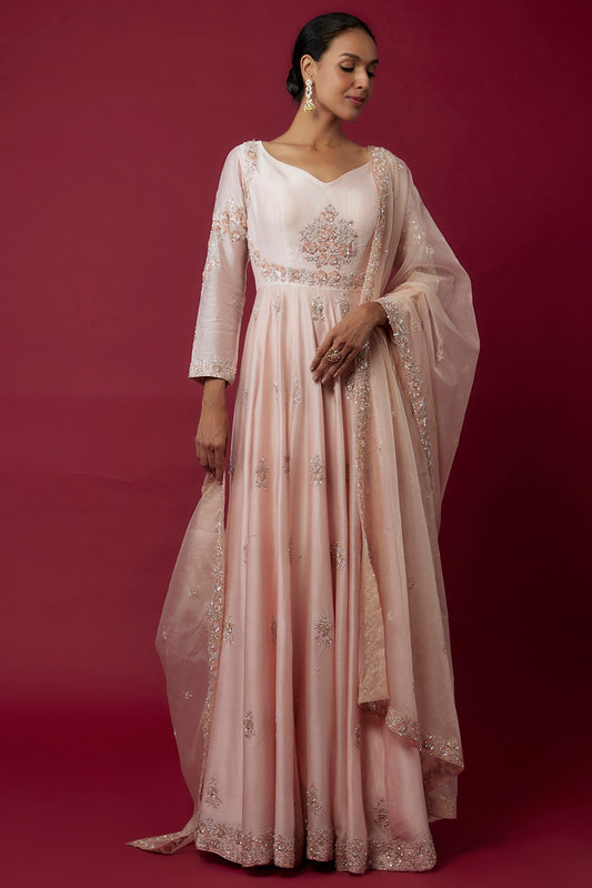 pink chanderi hand & machine embroidered anarkali set