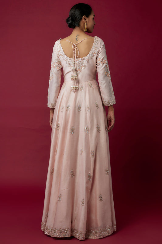 pink chanderi hand & machine embroidered anarkali set