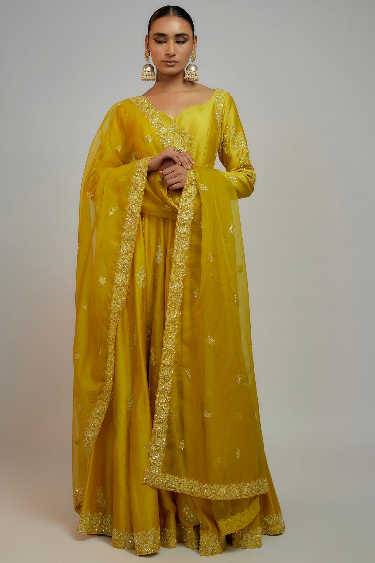 yellow chanderi sequins embroidered anarkali set