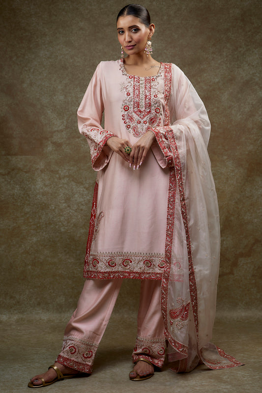 pink chanderi embroidered kurta set