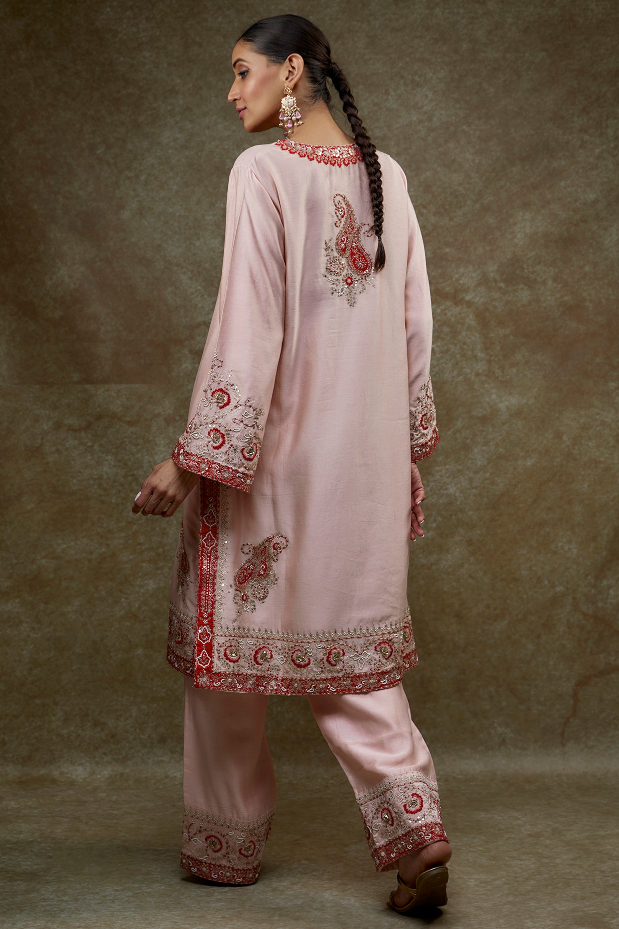 pink chanderi embroidered kurta set