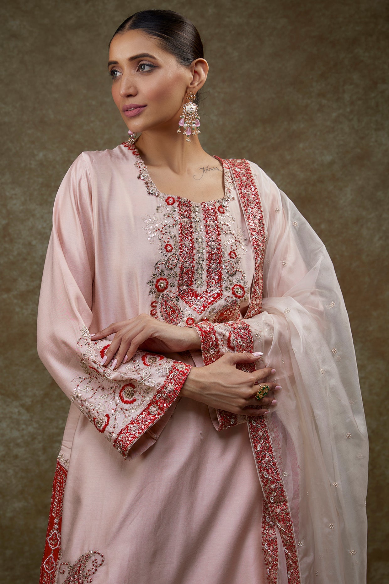 pink chanderi embroidered kurta set