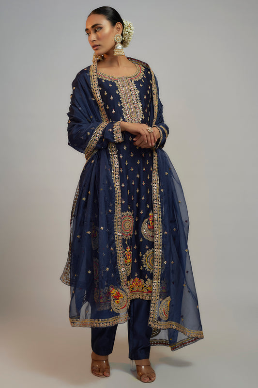 Navy Blue Chanderi Gota Embroidered Kurta Set