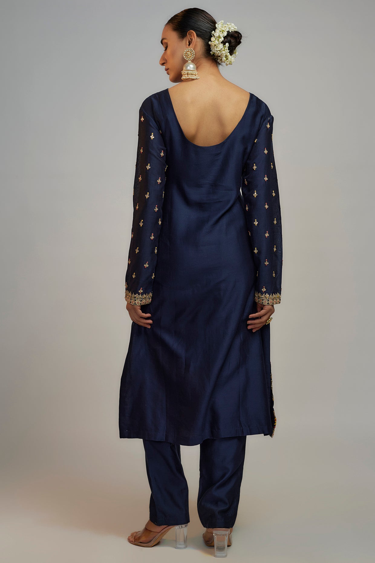 Navy Blue Chanderi Gota Embroidered Kurta Set