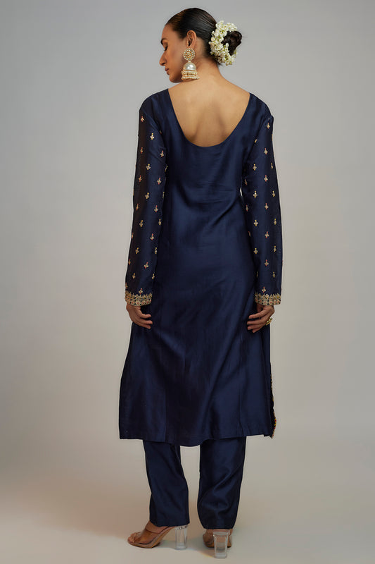 Navy Blue Chanderi Gota Embroidered Kurta Set