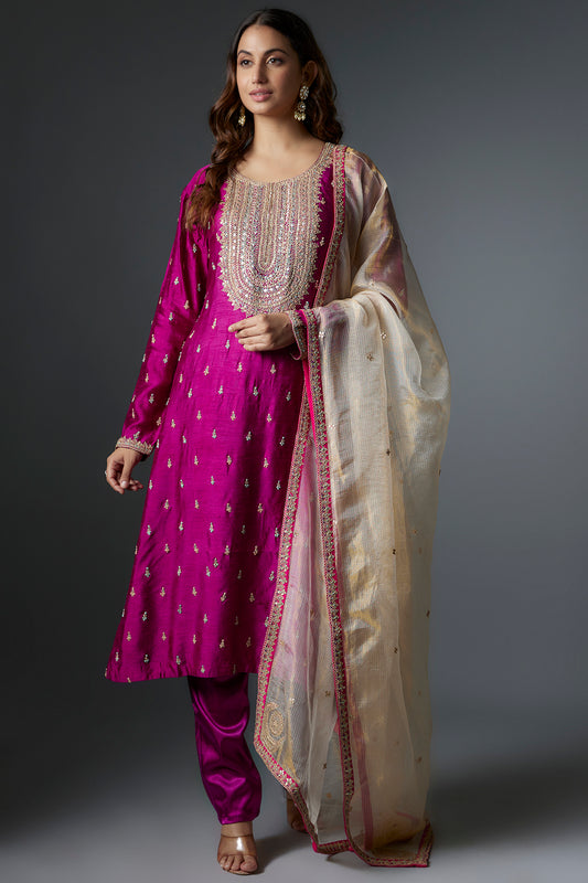 pink chanderi gota embroidered kurta set