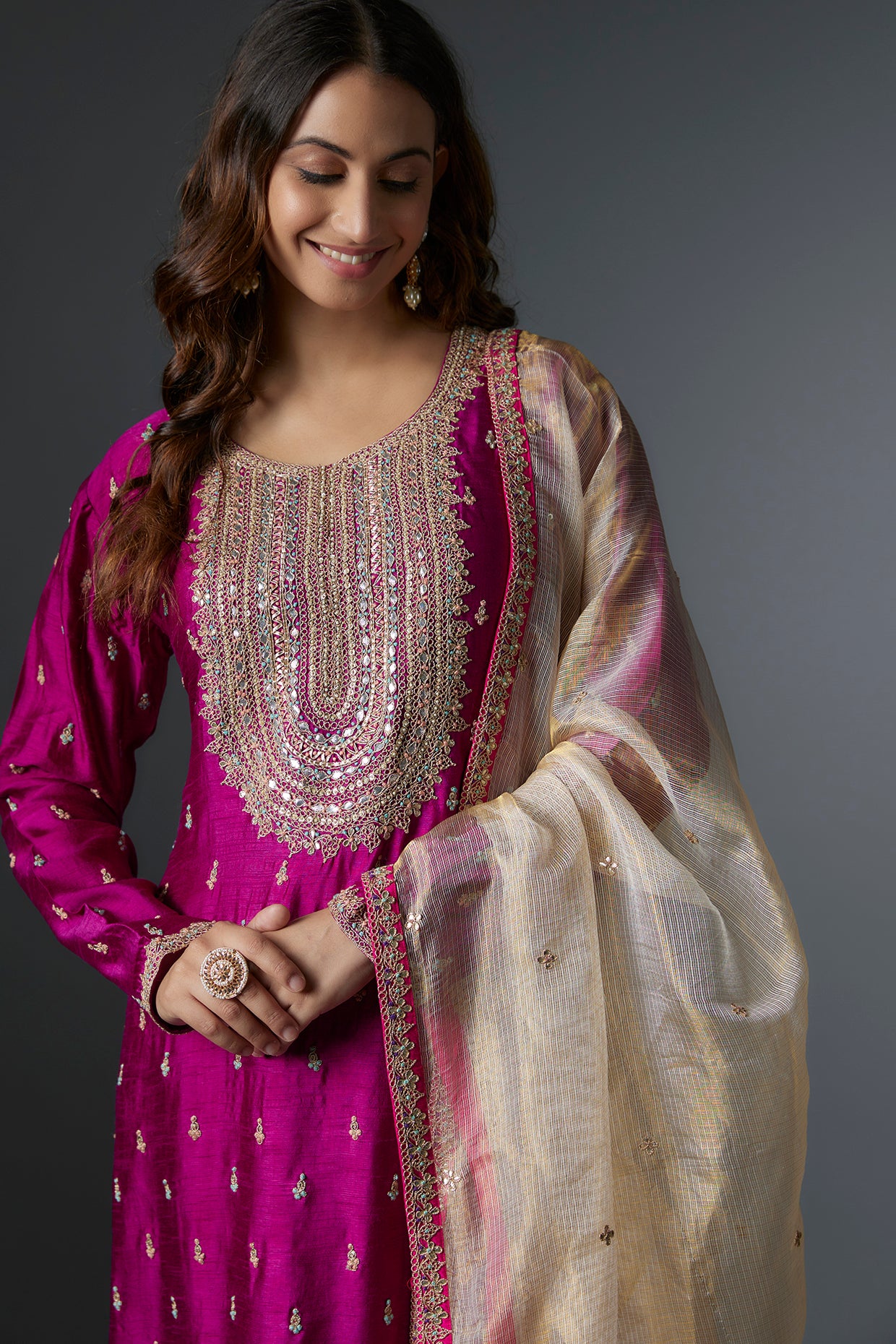 pink chanderi gota embroidered kurta set