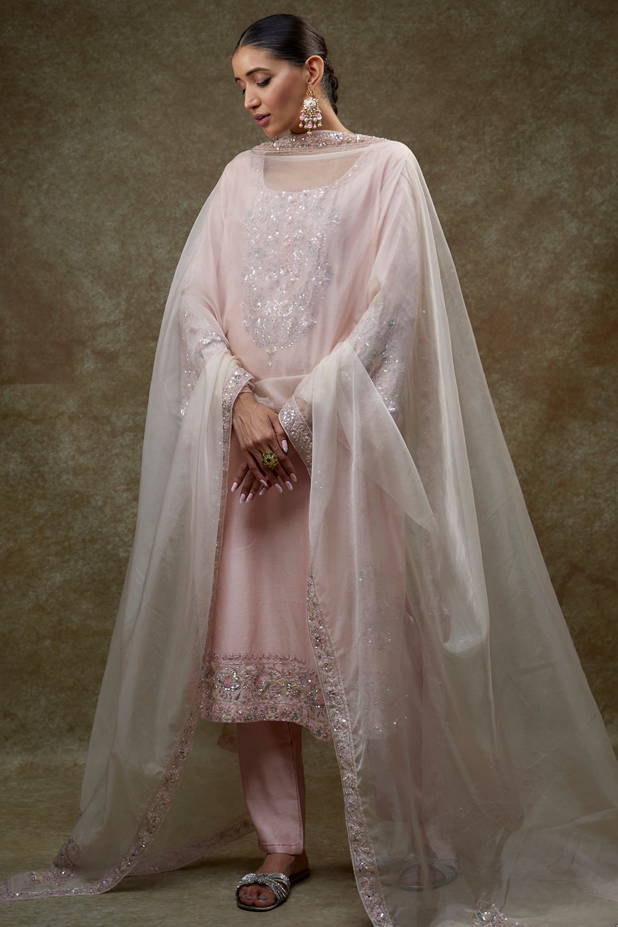 pink chanderi embroidered kurta set