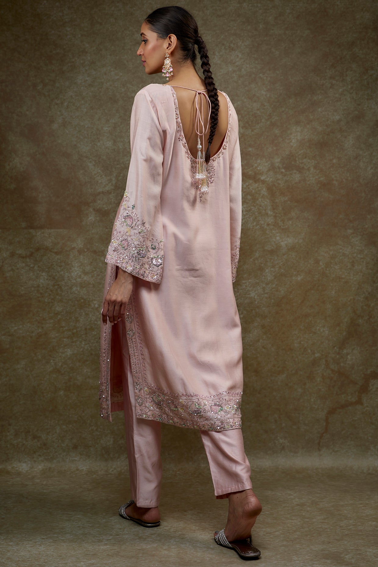 pink chanderi embroidered kurta set