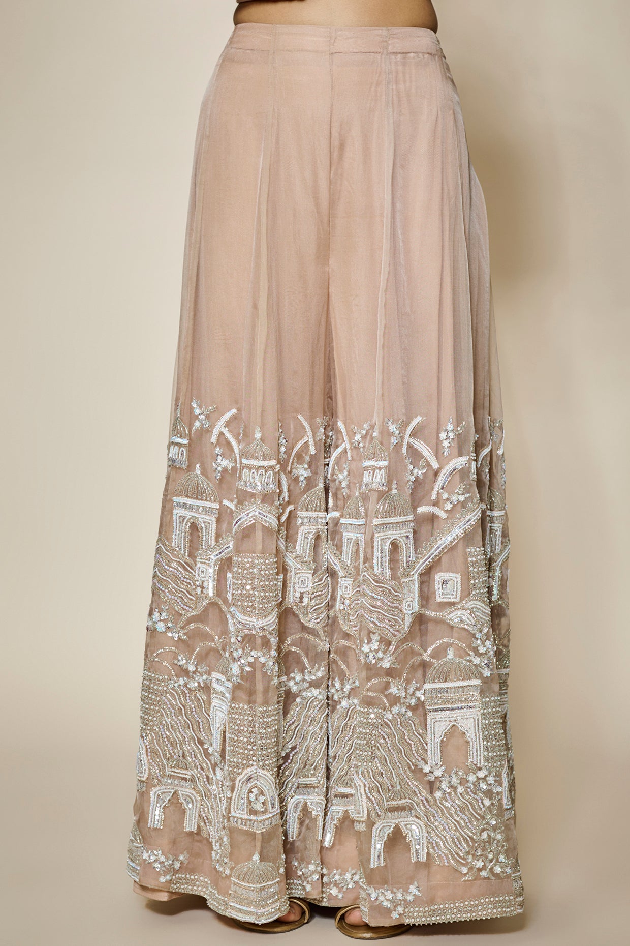 peach organza hand & machine embroidered sharara set