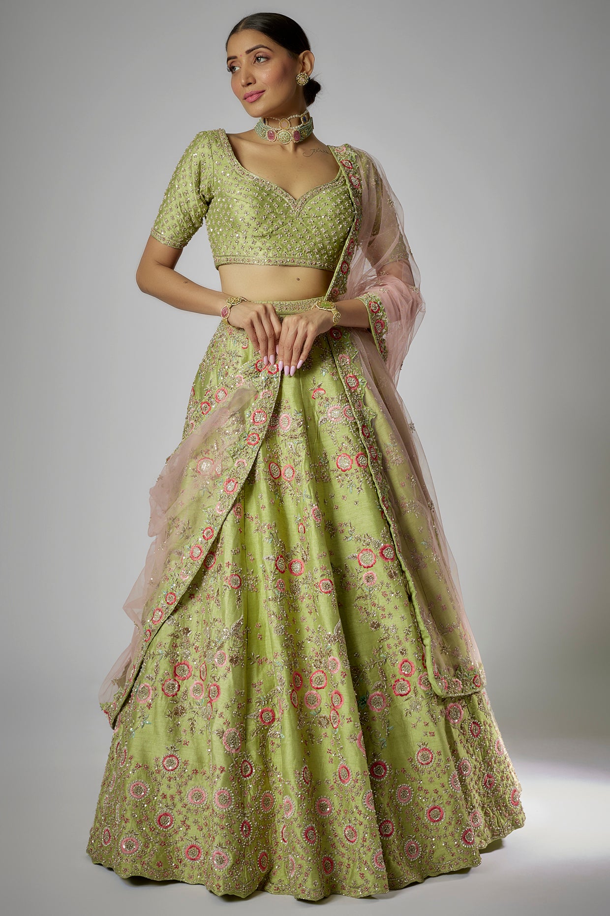 green raw silk embroidered lehenga set