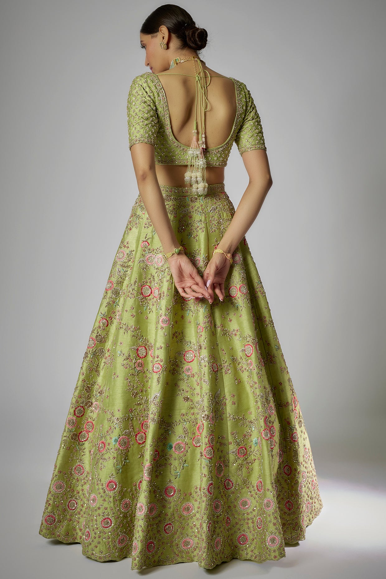 green raw silk embroidered lehenga set