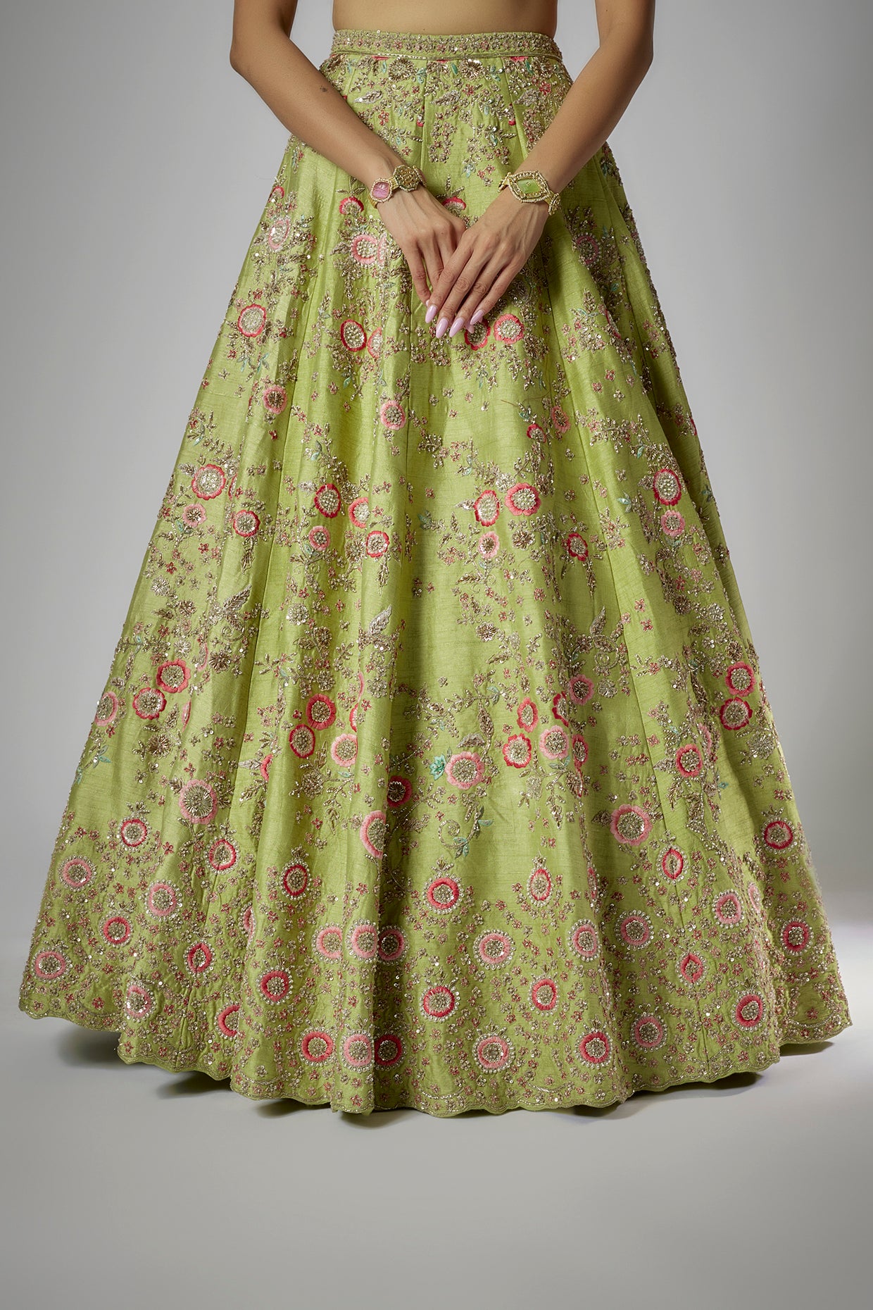 green raw silk embroidered lehenga set