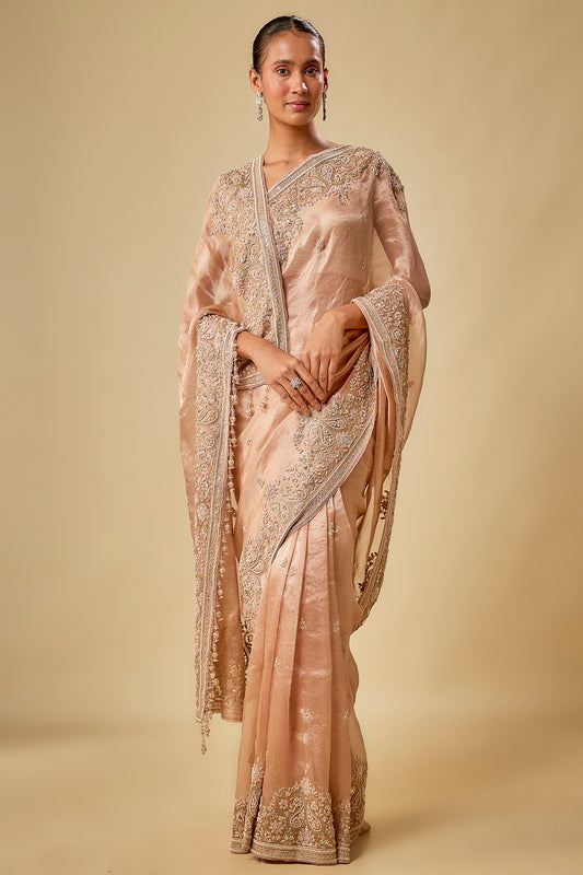 peach tissue resham hand embroidered saree set