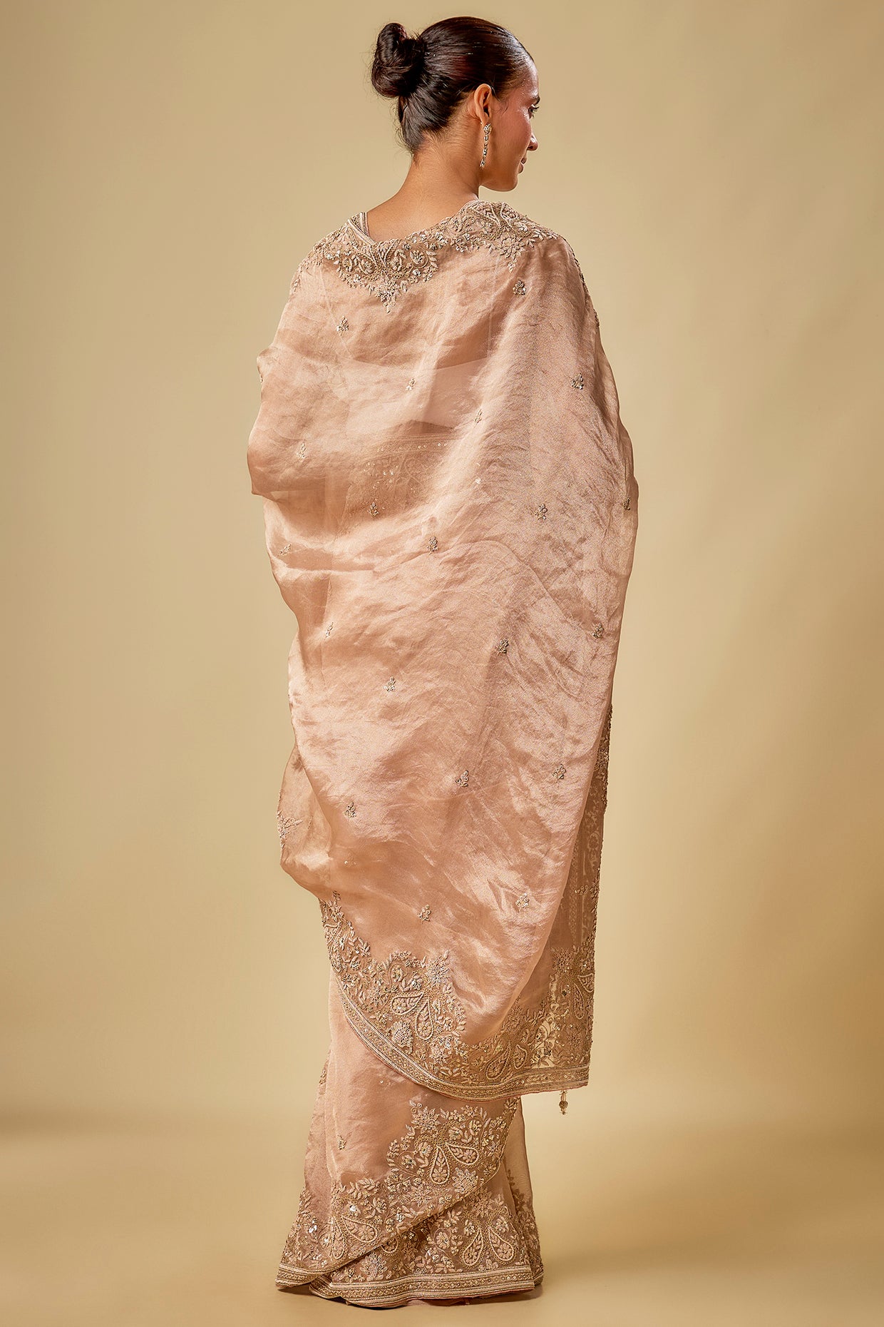 peach tissue resham hand embroidered saree set