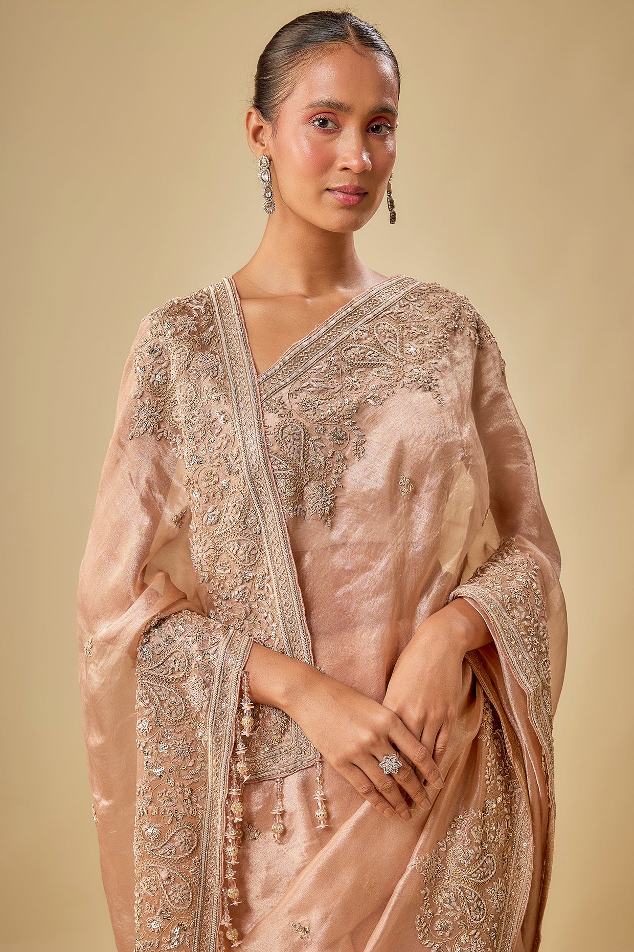 peach tissue resham hand embroidered saree set