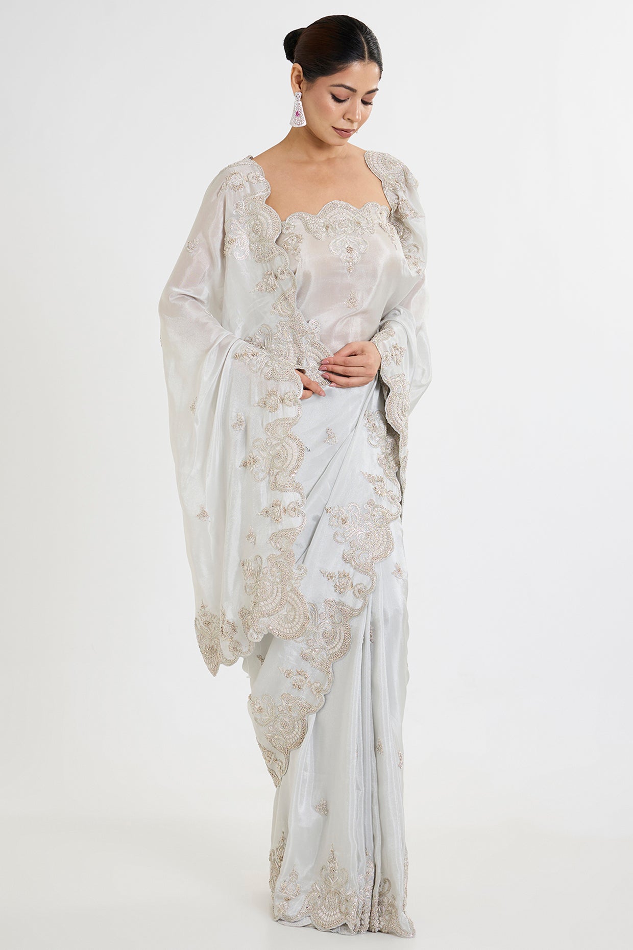 grey tissue hand & machine embroidered saree