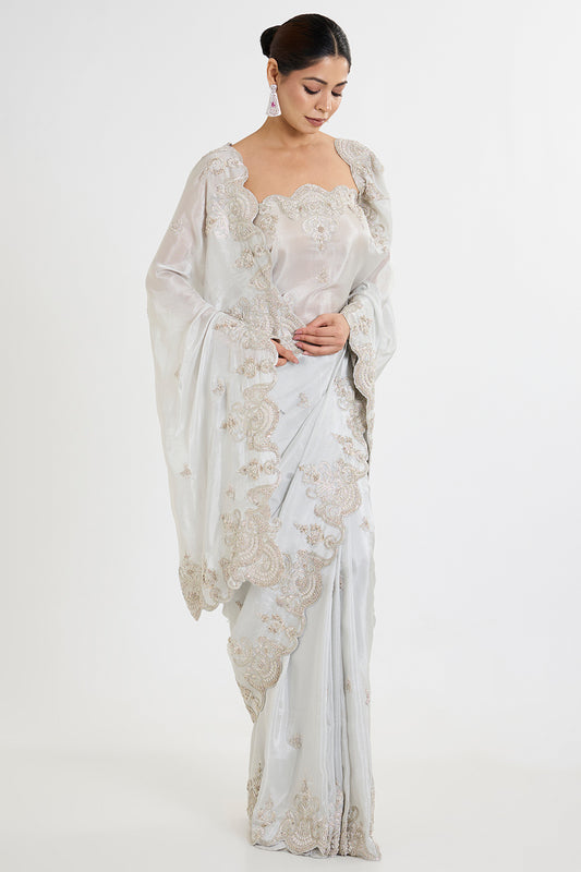 grey tissue hand & machine embroidered saree