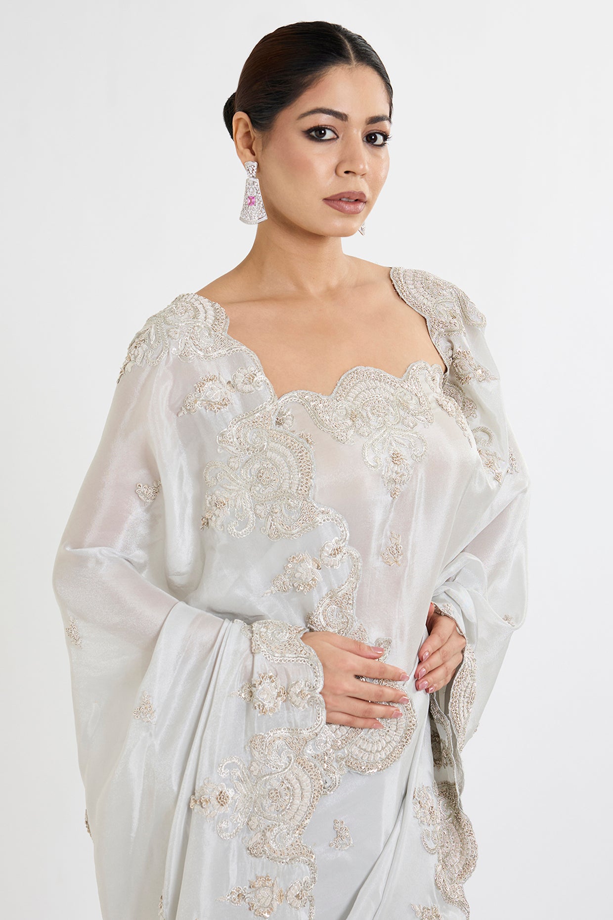 grey tissue hand & machine embroidered saree