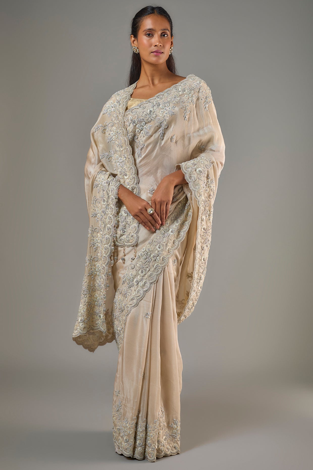 gold tissue hand & machine embroidered saree set