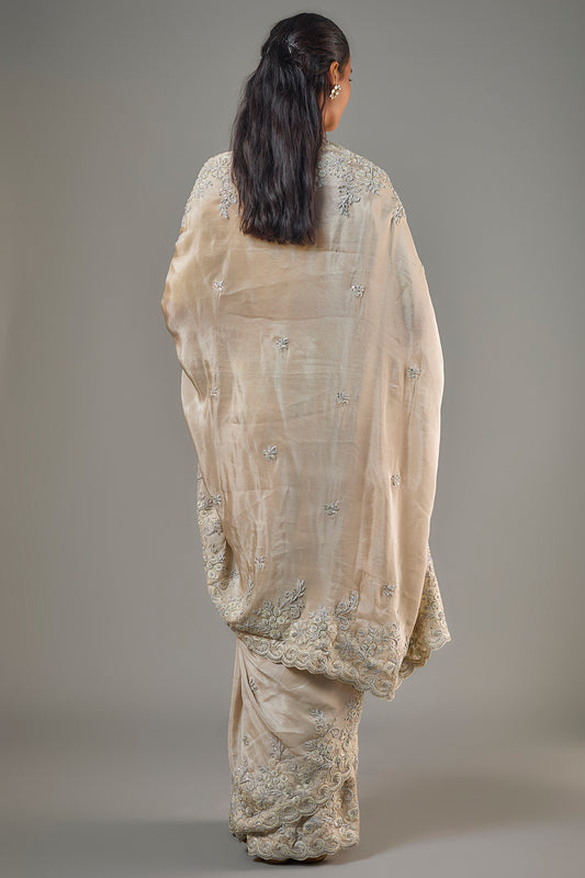 gold tissue hand & machine embroidered saree set