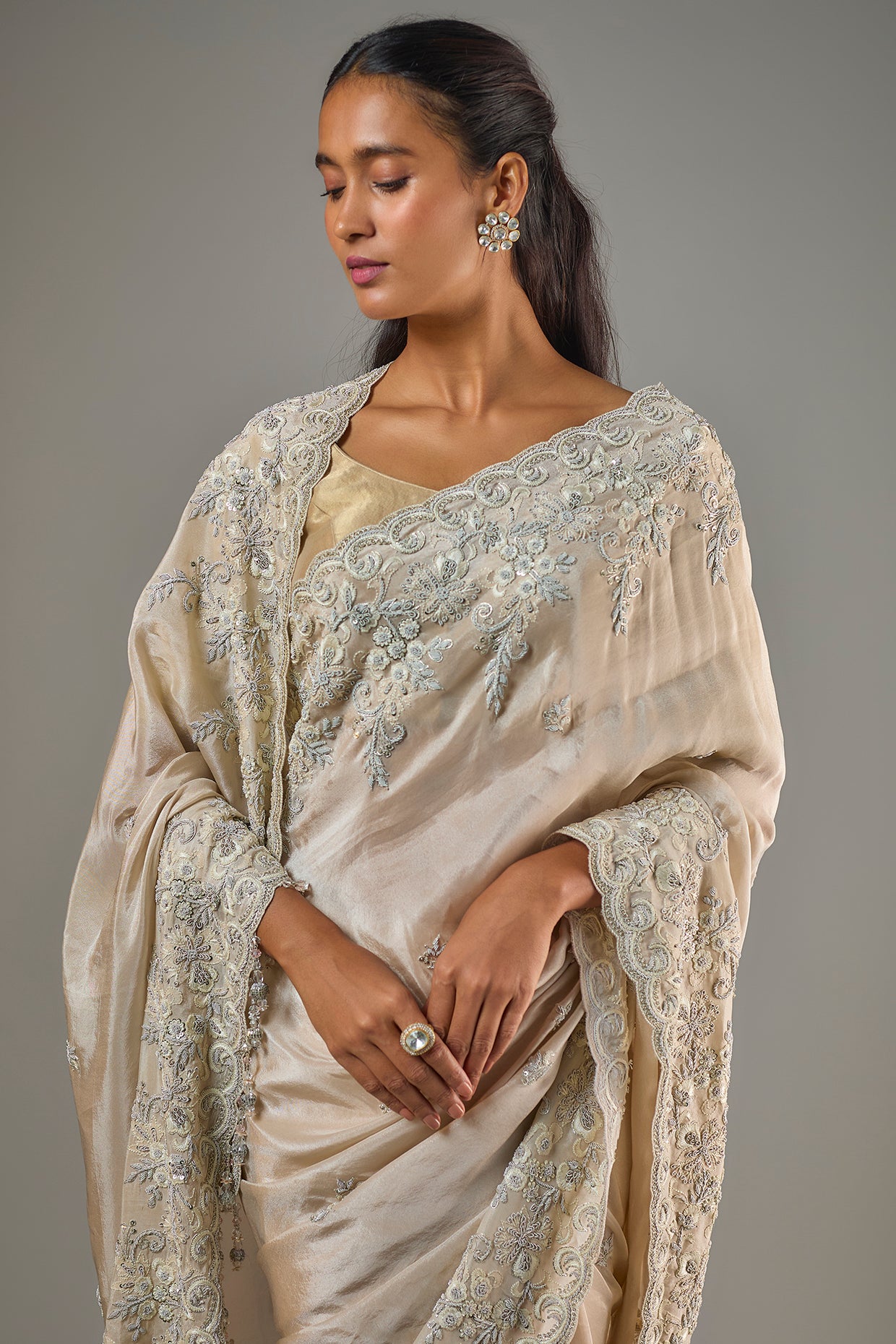 gold tissue hand & machine embroidered saree set