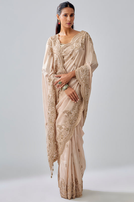 gold tissue hand & machine embroidered saree set