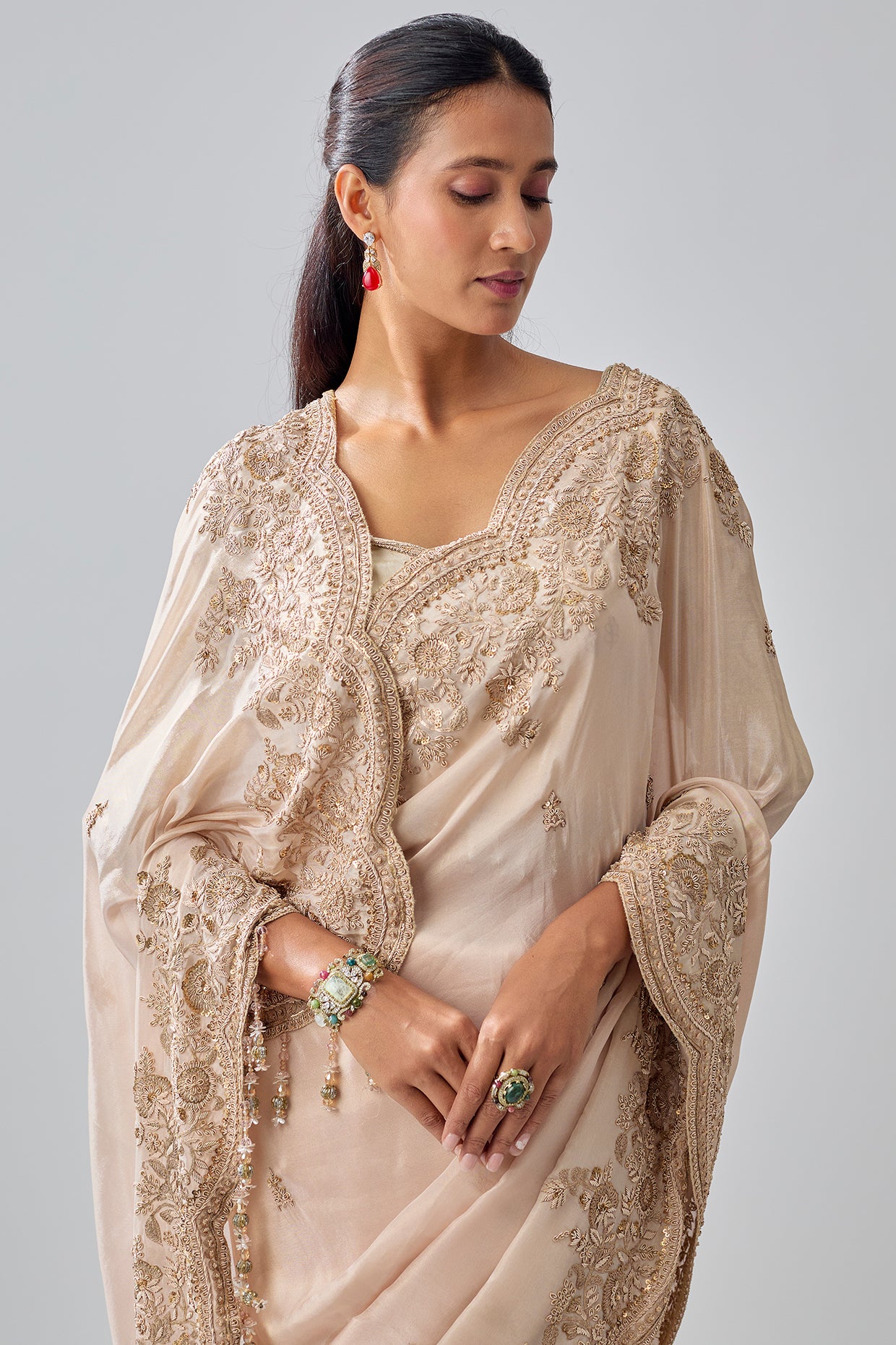 gold tissue hand & machine embroidered saree set