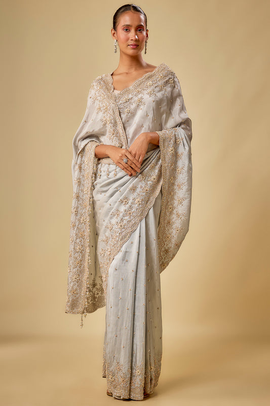 silver tissue organza sequin embellished saree set