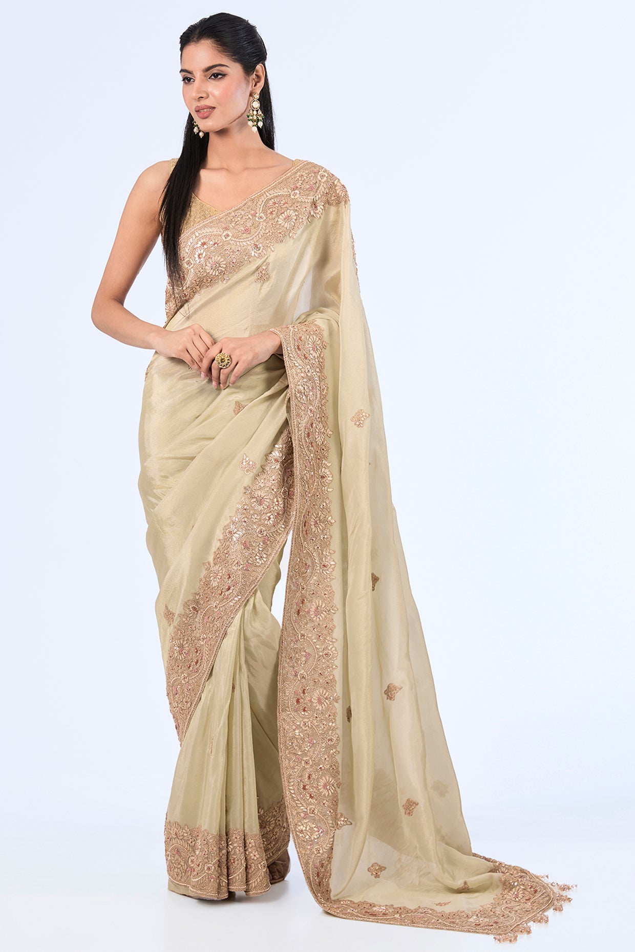 mint organza hand & machine embroidered saree set