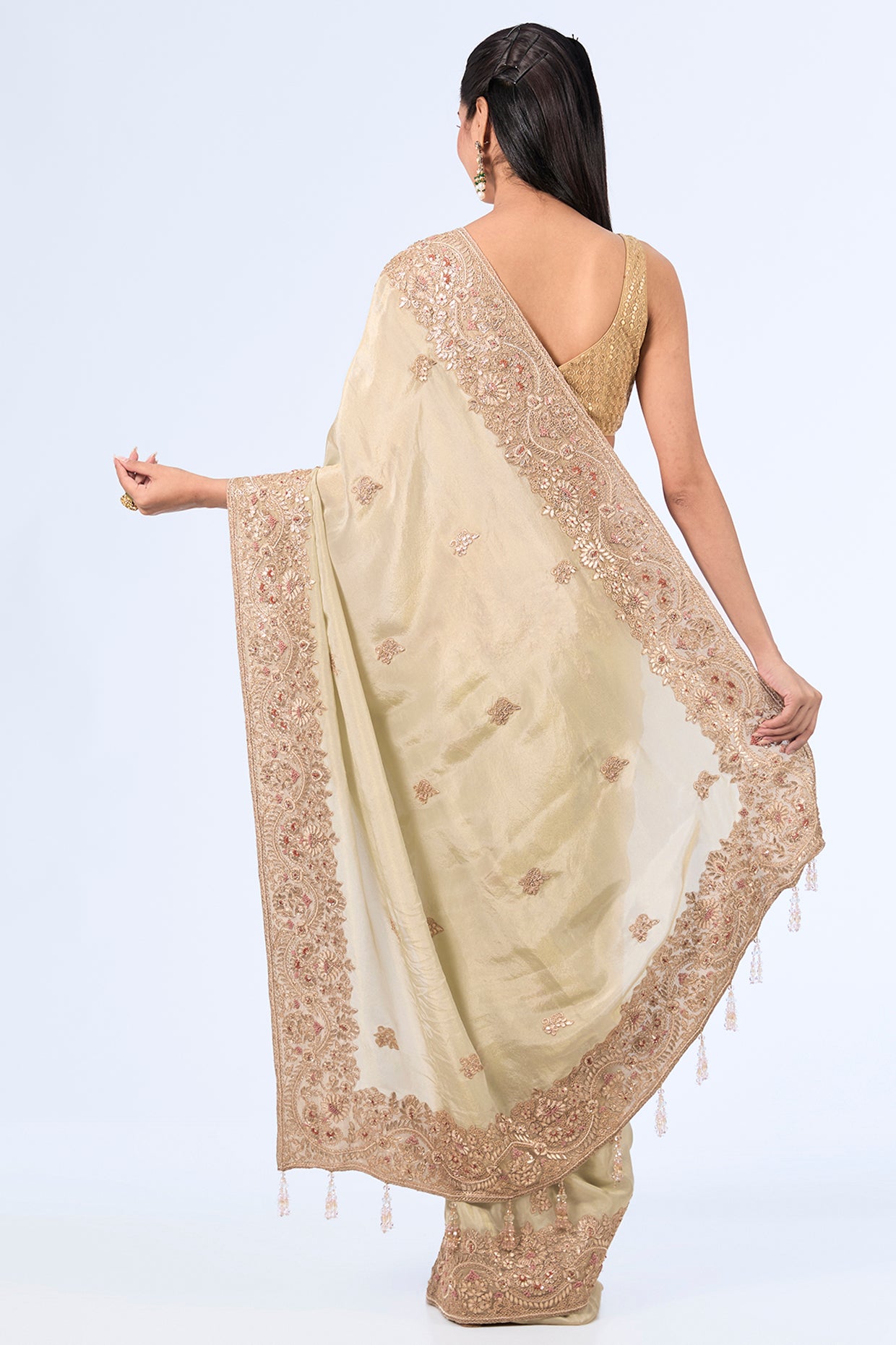 mint organza hand & machine embroidered saree set