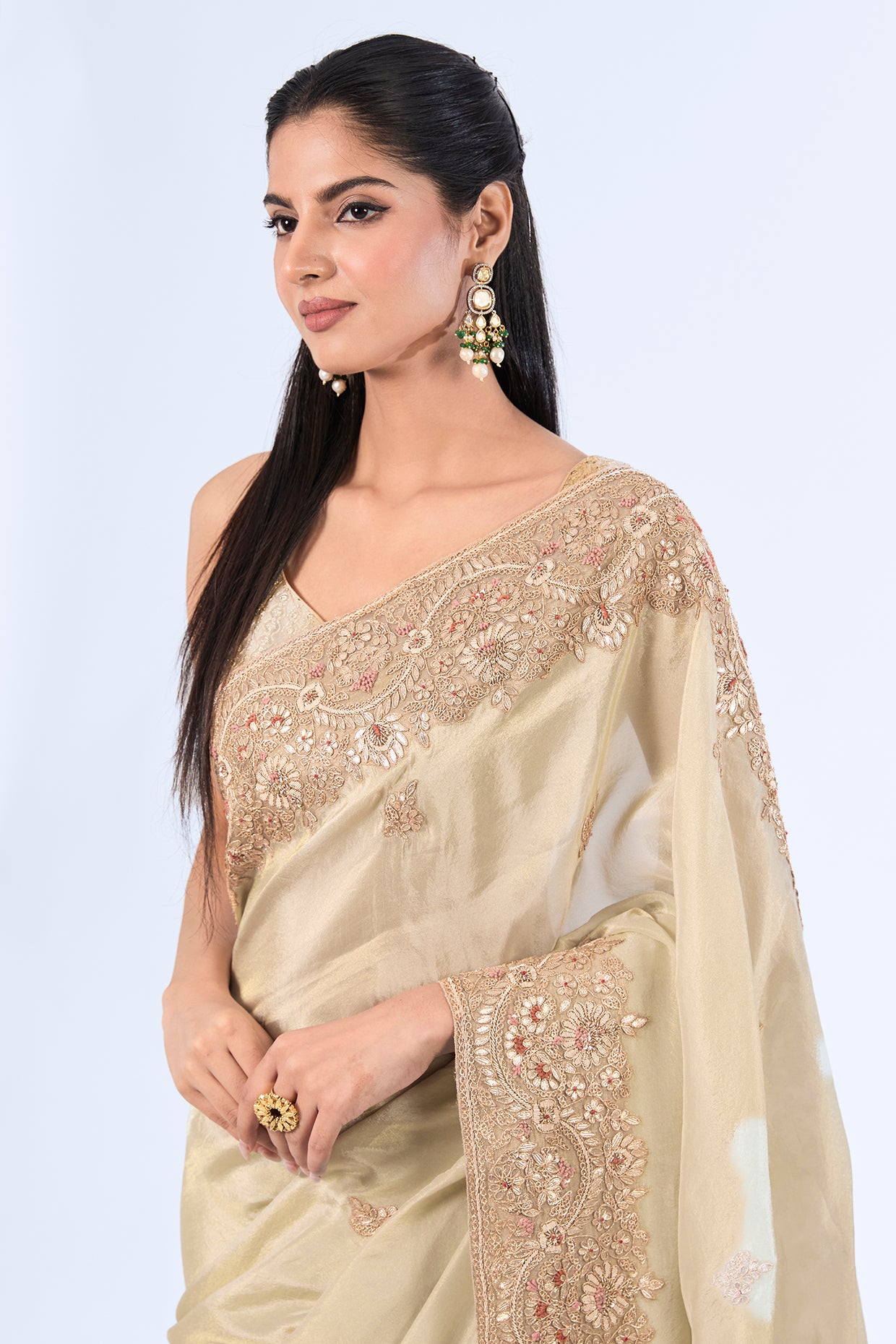 mint organza hand & machine embroidered saree set