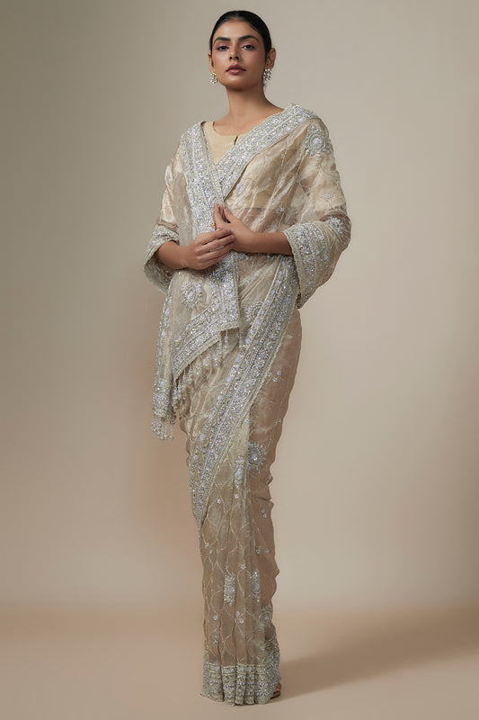 cadmium silver organza sequins embroidered saree set