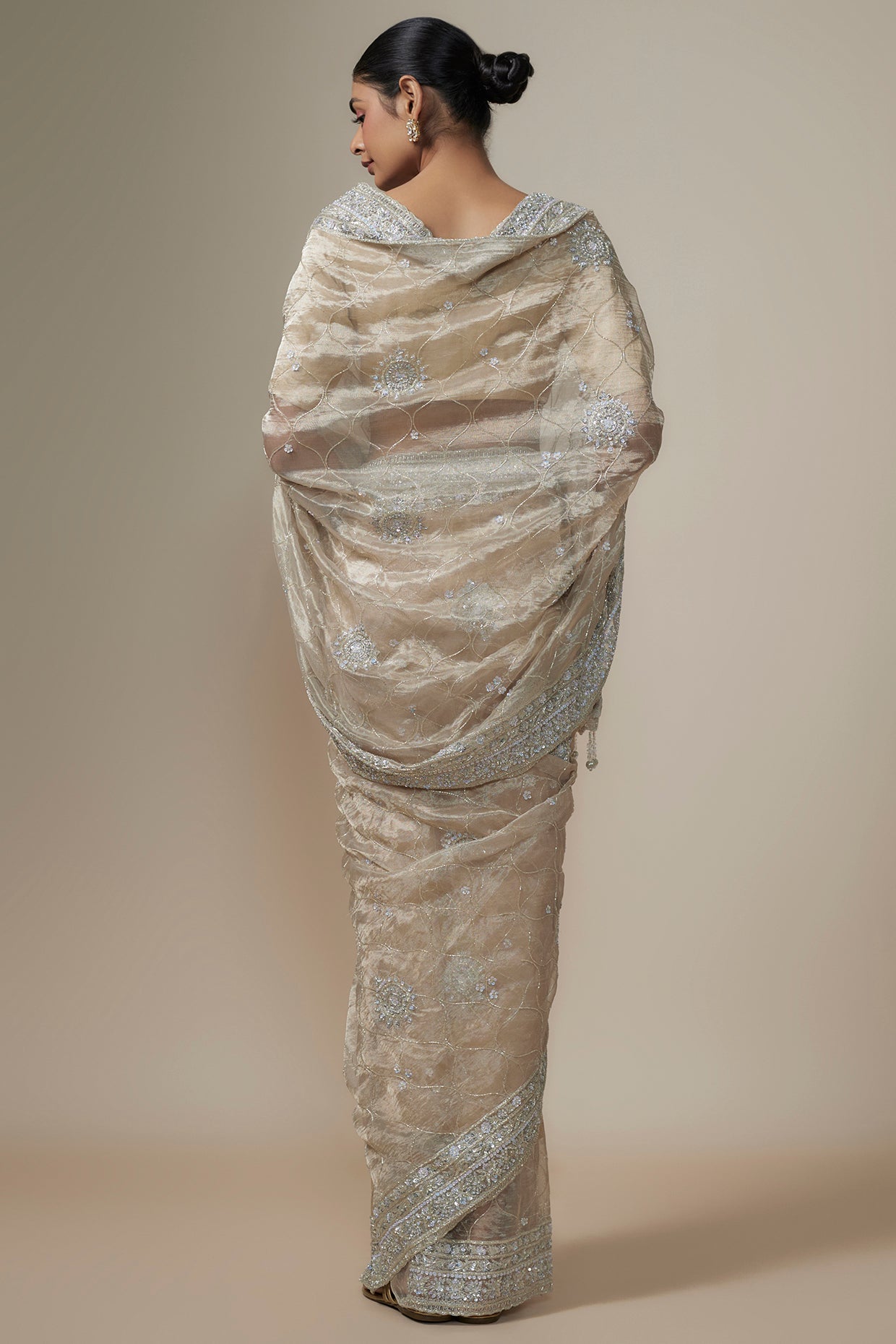 cadmium silver organza sequins embroidered saree set