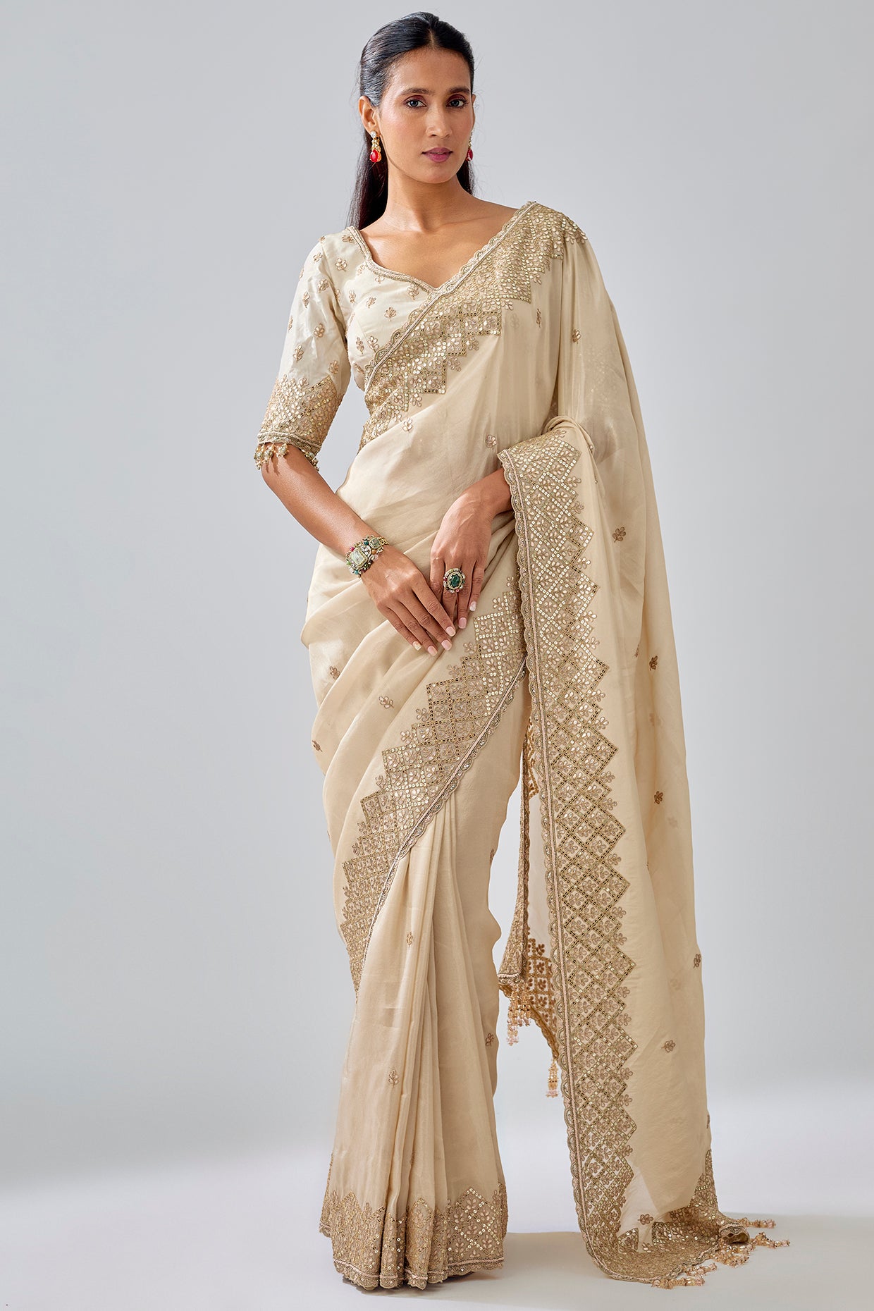 gold tissue hand & machine embroidered saree set