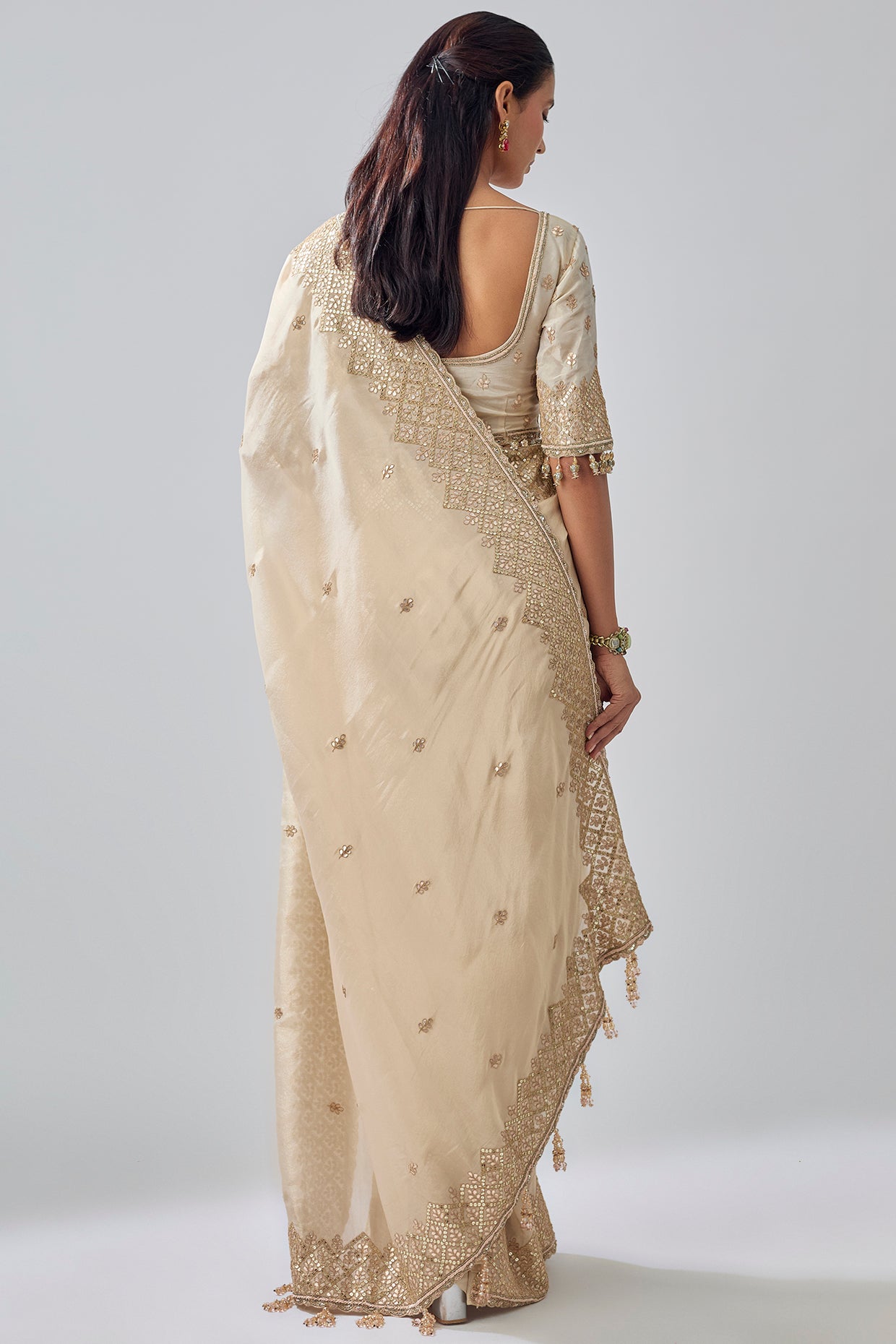 gold tissue hand & machine embroidered saree set