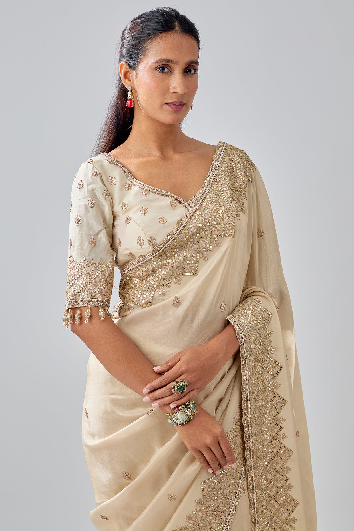 gold tissue hand & machine embroidered saree set