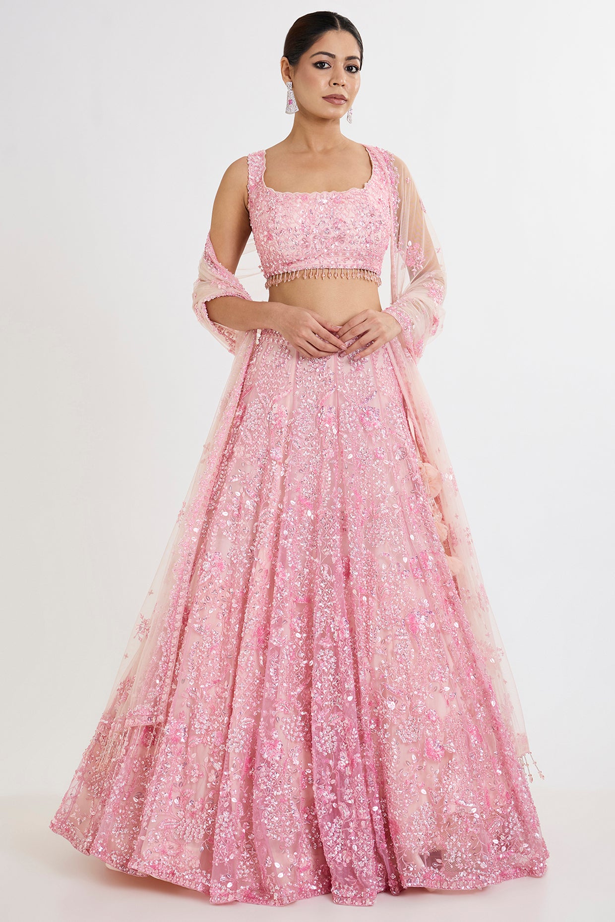 pink net zardosi hand & machine embroidered lehenga set