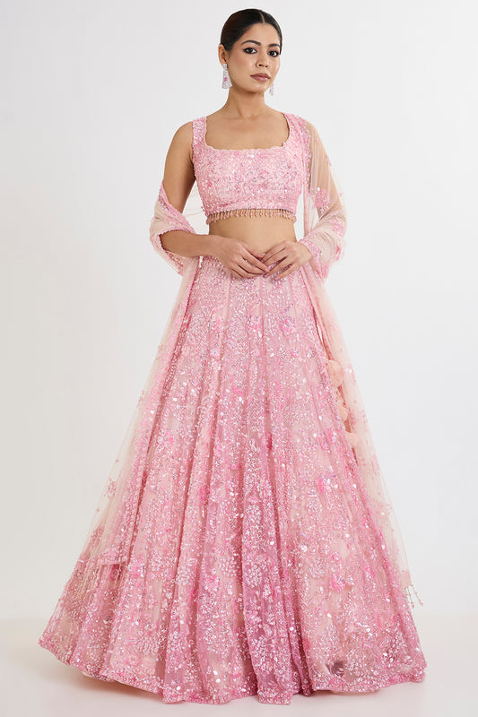 pink net zardosi hand & machine embroidered lehenga set