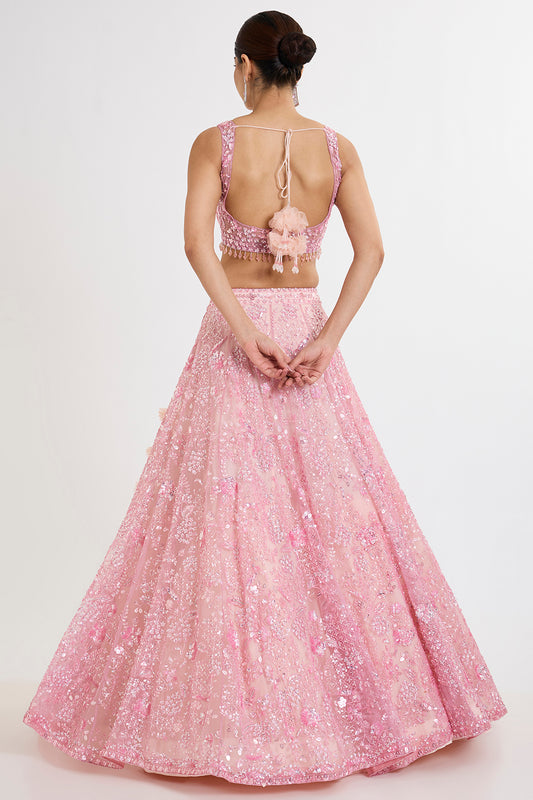 pink net zardosi hand & machine embroidered lehenga set