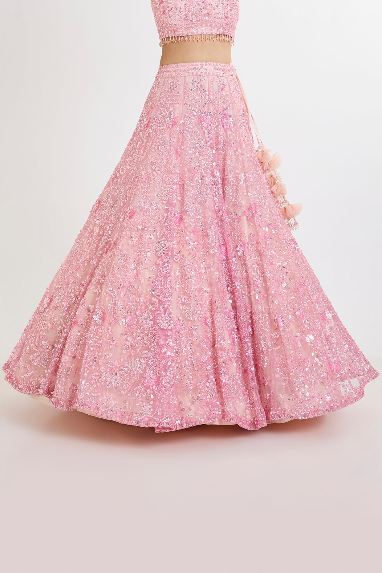 pink net zardosi hand & machine embroidered lehenga set