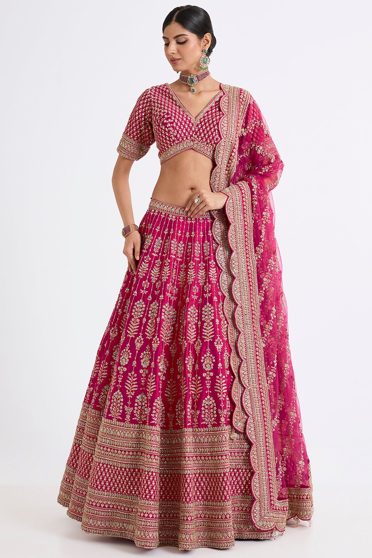 rani pink raw silk zari hand & machine embroidered lehenga set